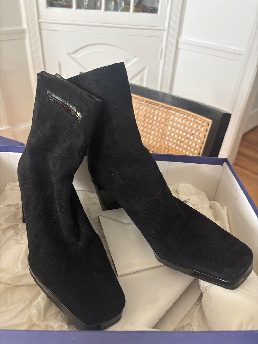 Stuart Weitzman Black Suede Ankle Boots with Side Zip